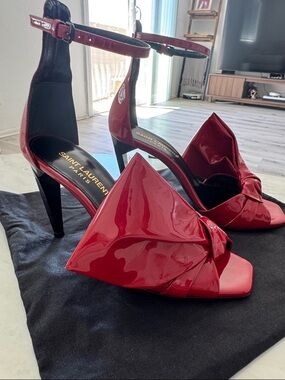 Saint Laurent Red Patent Knot-Front Ankle-Strap Heels
